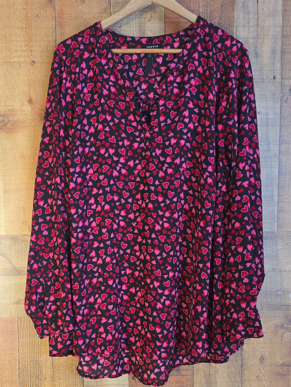 Torrid Black Blouse with Pink & Red Heart Pattern